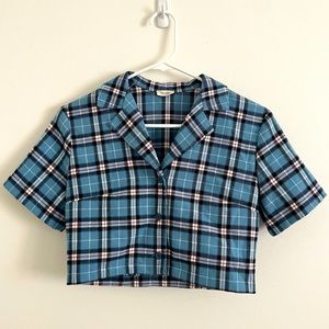 JOHN GAULT BRANDY MELVILLE BLUE PLAID BUTTON UP CROPPED COLLARED T SHIRT
